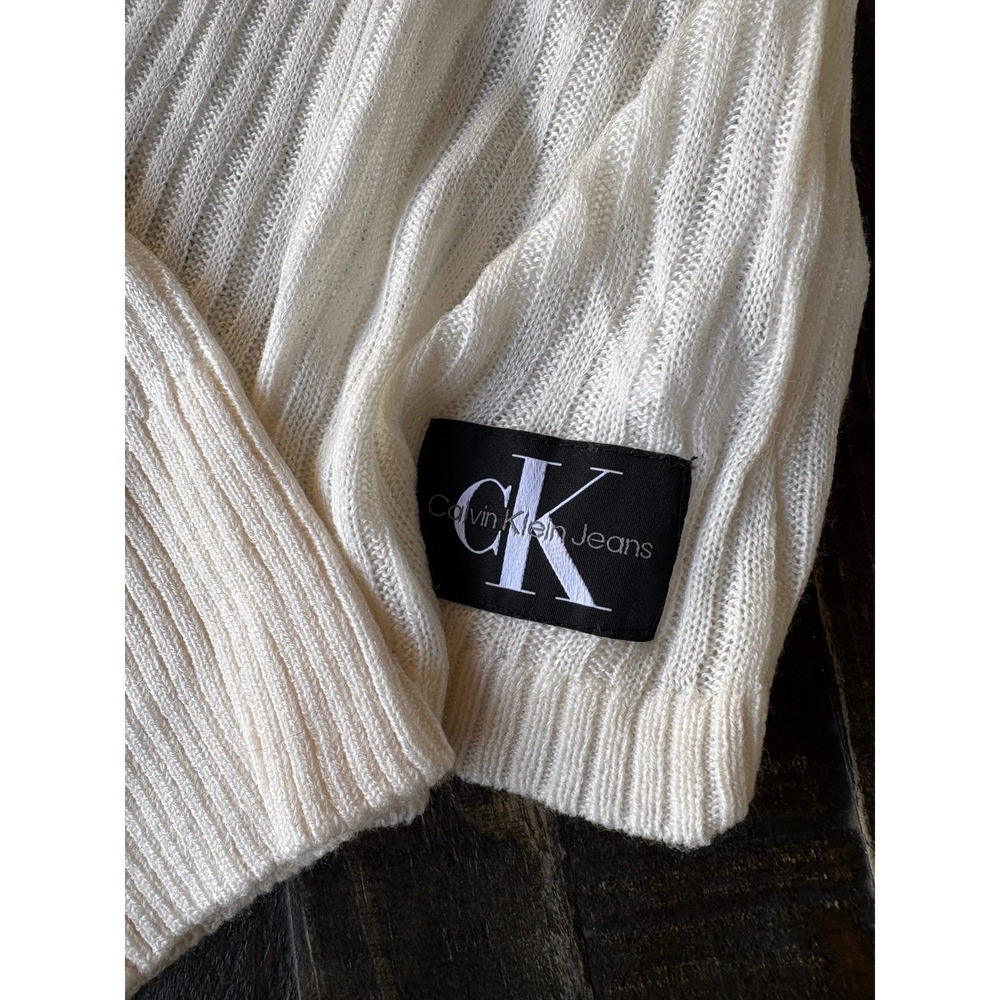Calvin Klein Jeans Womens Ribbed V-Neck Sweater Cream Off White CK Logo NWT Smal - Picture 4 of 10